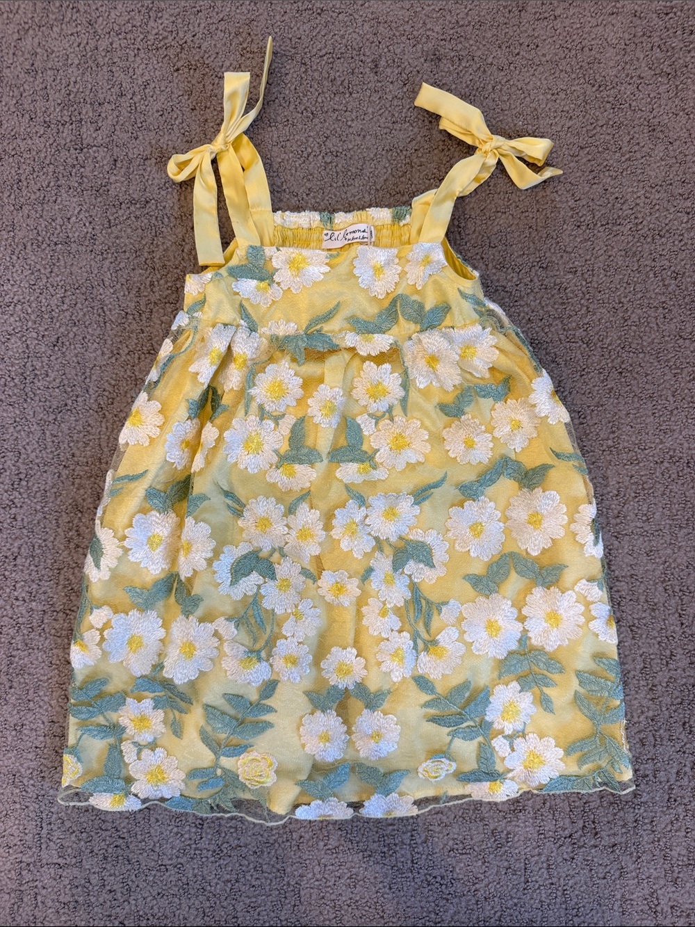 For Love & Lemons- Yellow Floral Embroidered Tie-Shoulder Kids Dress